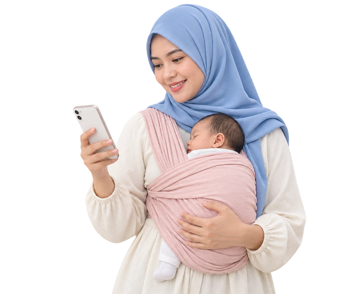 Ibu Malaysia menyemak telefon sambil mendukung bayi yang tidur